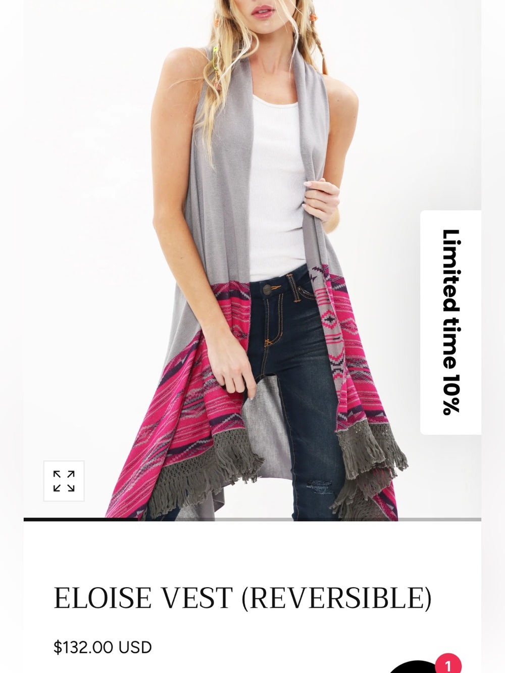 NWT Aratta Silent Journey Reversible Eloise Vest with Pink Tribal Panels